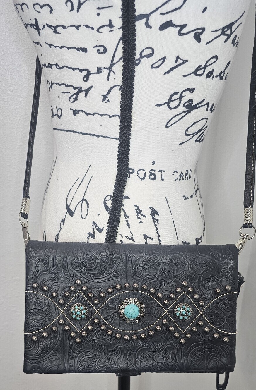 P&G Western Concho Wallet Organizer Wristlet Crossbody Black Faux Turquoise